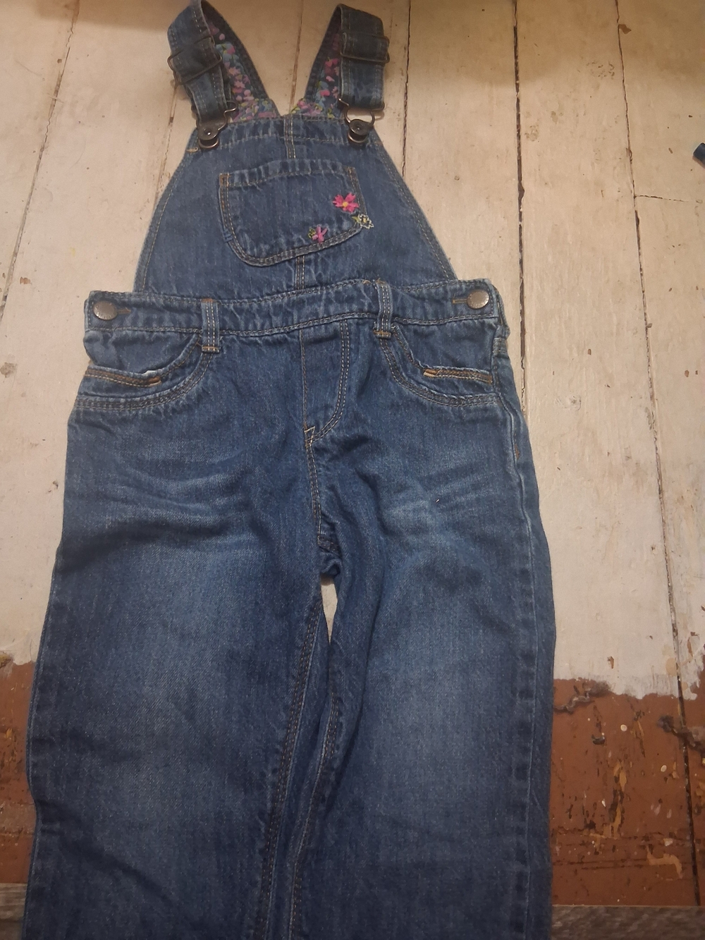 Girls' Dark Blue Denim Overalls with Floral Trim
